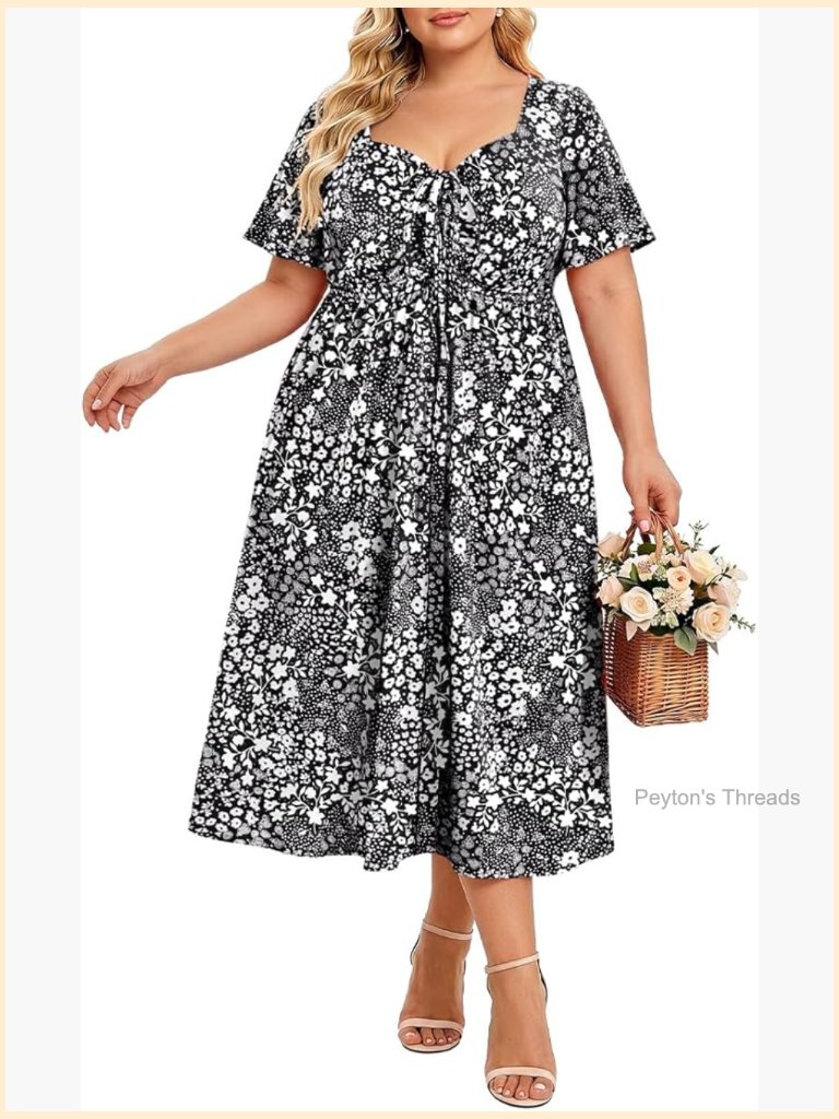 Plus Size Sweetheart Neck Maxi Dress Short Sleeve Empire Waist Floral Boho
